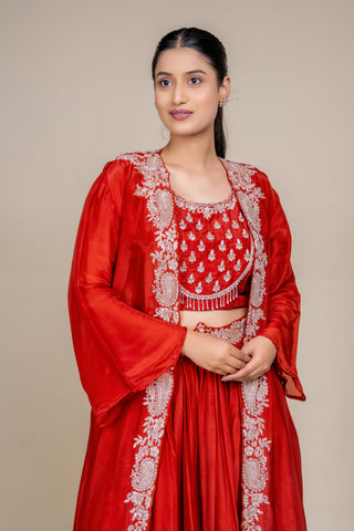 Burnt Sienna Royale Embroidered Lehenga Set with Sheer Cape