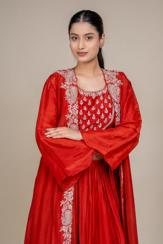 Burnt Sienna Royale Embroidered Lehenga Set with Sheer Cape