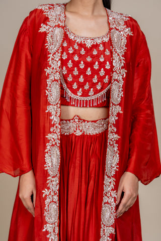 Burnt Sienna Royale Embroidered Lehenga Set with Sheer Cape