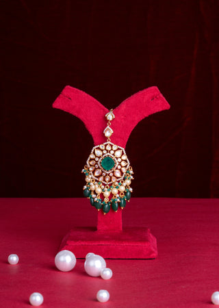 Royal Emerald Polki Kundan Bridal Necklace Set with Statement Pendant & Maang Tikka