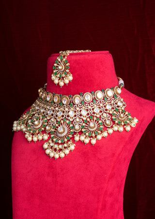 Royal Emerald Polki Kundan Bridal Choker Set with Pearl Drop Detailing