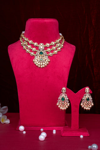 Heritage Emerald Green Polki Kundan Layered Bridal Necklace Set with Statement Earrings