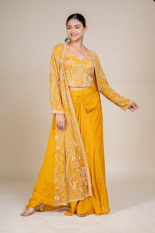 Sunlit Marigold Hand-Embroidered Three-Piece Festive Couture Set
