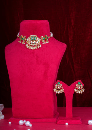 Royal Emerald & Ruby Kundan Bridal Necklace Set with Pearl Drops
