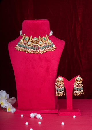 Heritage Emerald Green Temple Kundan Bridal Choker Set with Statement Earrings