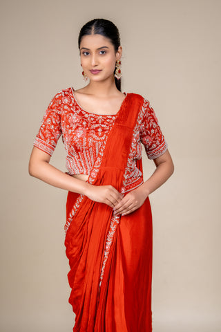 Burnt Sienna Luxe Hand-Embroidered Designer Saree