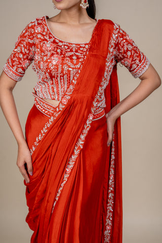 Burnt Sienna Luxe Hand-Embroidered Designer Saree