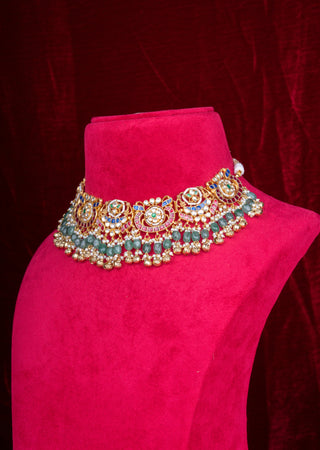 Multicolor Kundan Bridal Necklace Set with Emerald Beads & Traditional Jhumkas