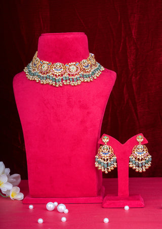 Multicolor Kundan Bridal Necklace Set with Emerald Beads & Traditional Jhumkas