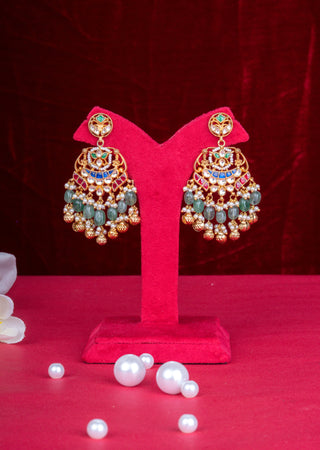 Multicolor Kundan Bridal Necklace Set with Emerald Beads & Traditional Jhumkas