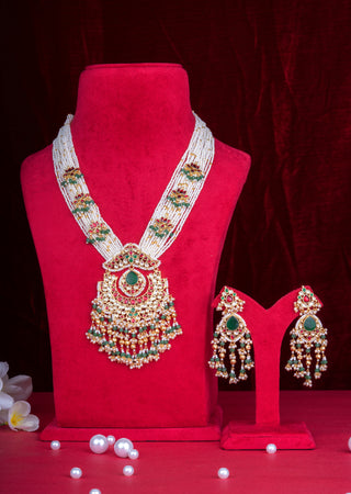 Traditional Rani Haar Pearl Mala with Kundan Pendant & Lotus Motif Jhumkas