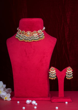 Heritage Multicolour Temple Kundan Bridal Choker Set with Beaded Layers & Jhumkas