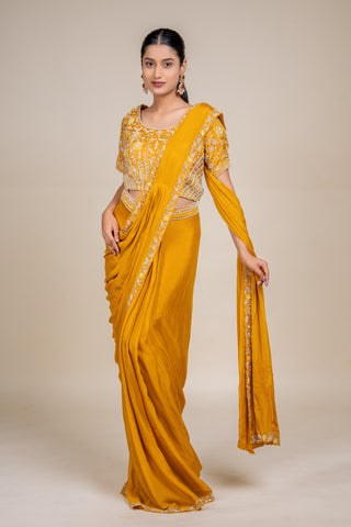 Royal Mustard Gold Embroidered Designer Saree with Statement Blouse