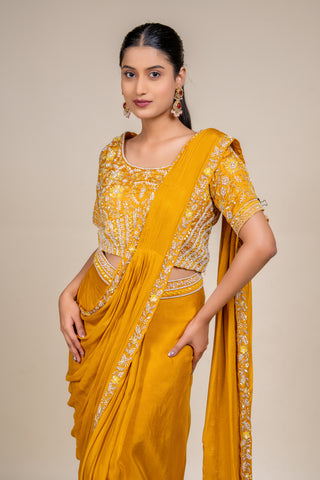Royal Mustard Gold Embroidered Designer Saree with Statement Blouse