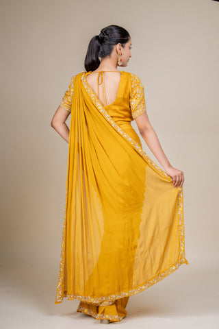 Royal Mustard Gold Embroidered Designer Saree with Statement Blouse