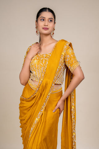 Royal Mustard Gold Embroidered Designer Saree with Statement Blouse