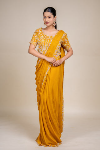 Royal Mustard Gold Embroidered Designer Saree with Statement Blouse