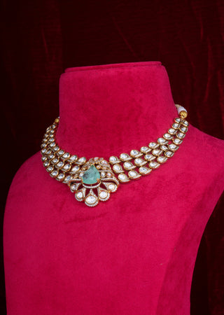 Royal Emerald Polki Kundan Bridal Choker Set with Statement Pendant & Earrings