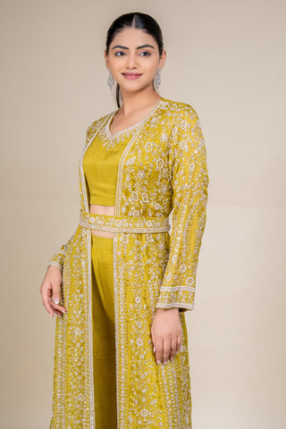 Regal Olive Embroidered Jacket Style Palazzo Set