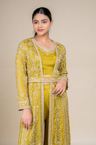 Regal Olive Embroidered Jacket Style Palazzo Set
