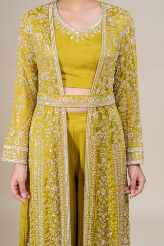 Regal Olive Embroidered Jacket Style Palazzo Set