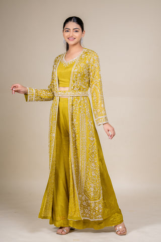 Regal Olive Embroidered Jacket Style Palazzo Set