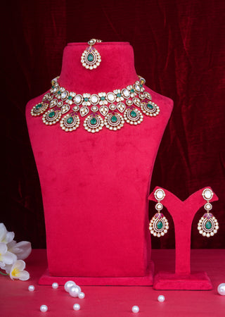 Royal Emerald & Ruby Polki Kundan Bridal Choker Set with Layered Motif Design