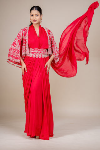 Scarlet Royale Embellished Saree with Statement Cape Blouse
