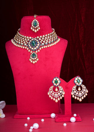 Royal Emerald & Sapphire Polki Kundan Bridal Choker Set with Pearl Detailing