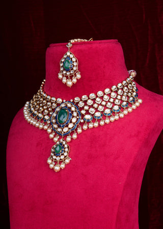 Royal Emerald & Sapphire Polki Kundan Bridal Choker Set with Pearl Detailing