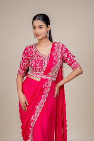 Royal Fuchsia Bloom Hand-Embellished Saree with Designer Blouse