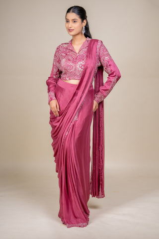 Dusty Rose Mauve Hand-Embellished Saree with Statement Blouse