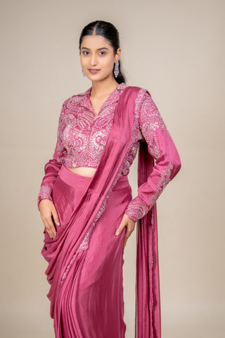 Dusty Rose Mauve Hand-Embellished Saree with Statement Blouse