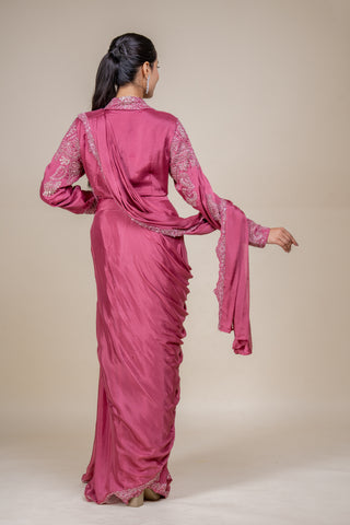 Dusty Rose Mauve Hand-Embellished Saree with Statement Blouse