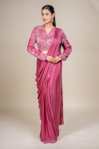 Dusty Rose Mauve Hand-Embellished Saree with Statement Blouse