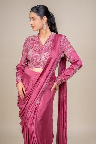 Dusty Rose Mauve Hand-Embellished Saree with Statement Blouse