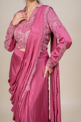 Dusty Rose Mauve Hand-Embellished Saree with Statement Blouse