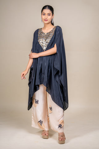 Midnight Noir Embellished Silk Kaftan with Signature Palazzo Set