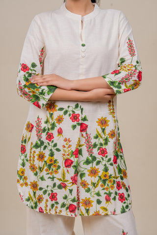 Elegant Ivory Floral Printed Kurta Set with Wide-Leg Pants