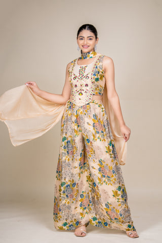 Vintage Sand Garden Embroidered Floral Palazzo Set with Dupatta