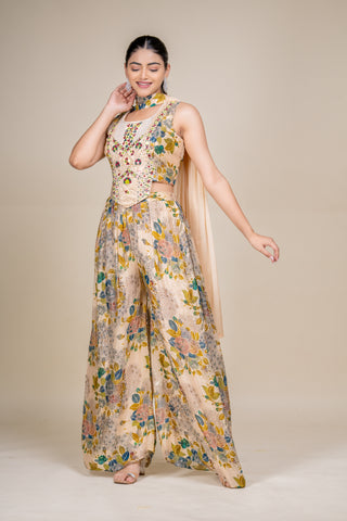 Vintage Sand Garden Embroidered Floral Palazzo Set with Dupatta