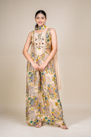 Vintage Sand Garden Embroidered Floral Palazzo Set with Dupatta