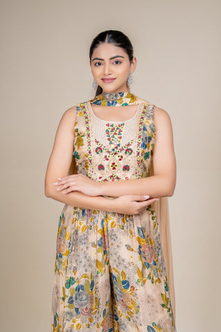 Vintage Sand Garden Embroidered Floral Palazzo Set with Dupatta