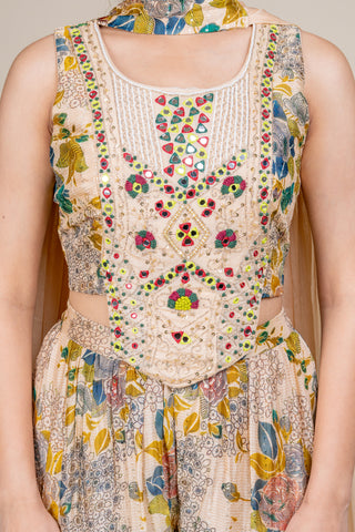 Vintage Sand Garden Embroidered Floral Palazzo Set with Dupatta