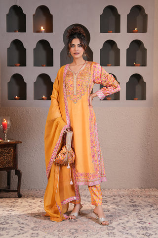 Gold Yellow Crepe Silk Hand Embroidered Printed Kurta With Gold Yellow Crepe Silk Printed Narrow Pants