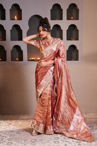 Blush Rose Metallic Saree with Elegant Hand-Finished Border