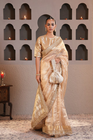 Antique Champagne Gold Saree with Handcrafted Embellished Border