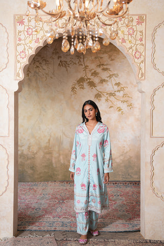 Mint Blossom Printed Kurta Set with Soft Pastel Elegance