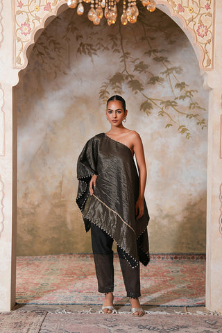 Sophisticated One-Shoulder Midnight Noir Cape Set with Metallic Texture