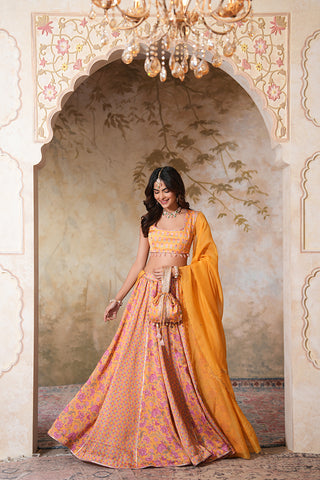 Gold Yellow Crepe Silk Hand Embroidered Printed Blouse With Gold Yellow Crepe Silk Printed Lehenga With Gota Work And Hand Embroidered Scallop Yellow Organza Dupatta  - Set of 3